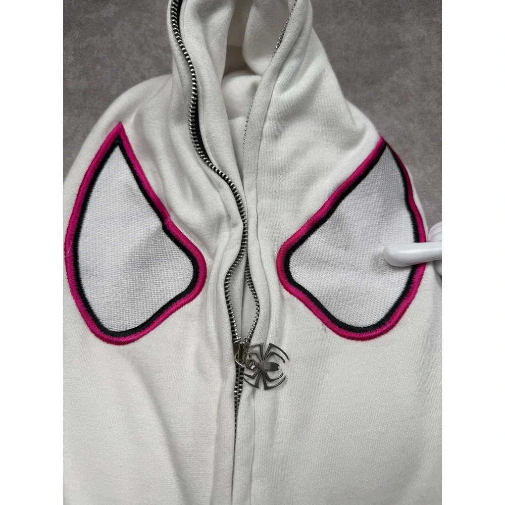 Spider Worldwide Y2K Full Zip Hoodine Face Mask Eyes White Pink Adult S Oversize